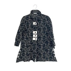 Terra SJ Apparel Cotton Black White Geometric Lagenlook Button Down Tunic Top M